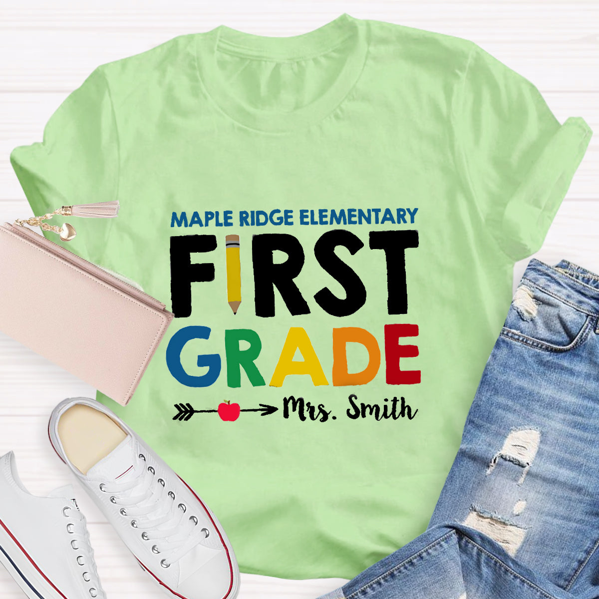 Personalized School Name Grade And Teacher Name Pencil Apple Heart T-Shirt