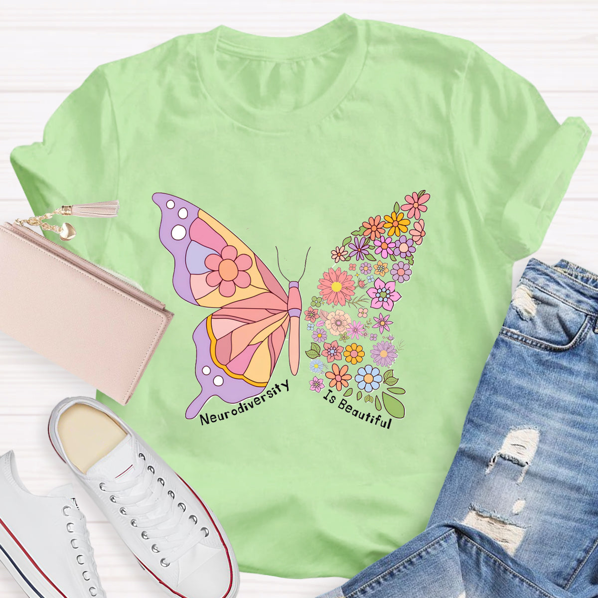 Neurodiversity Is Beautiful Floral Butterfly Teacher T-Shirt