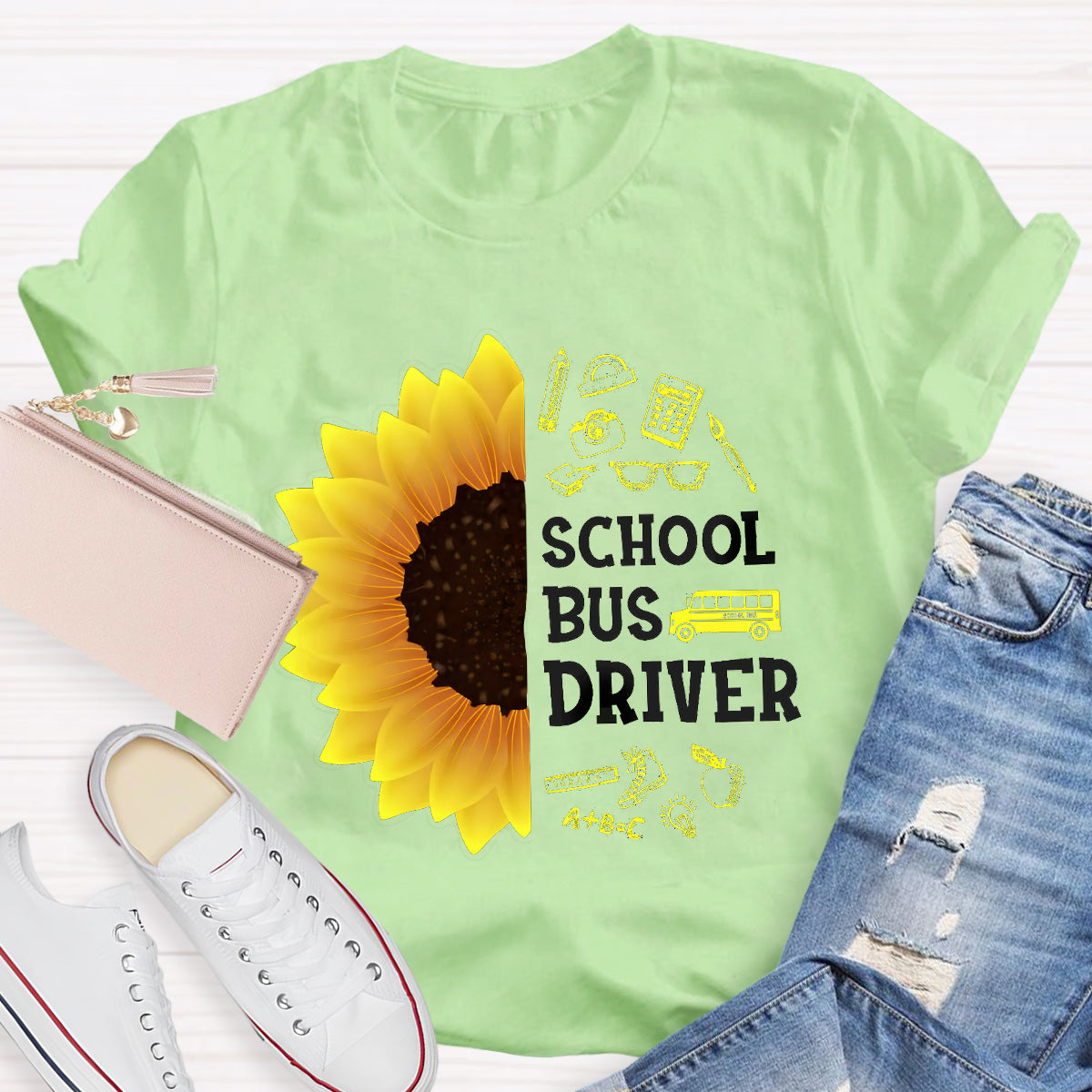 School Bus Driver Sunflower Teacher T-Shirt