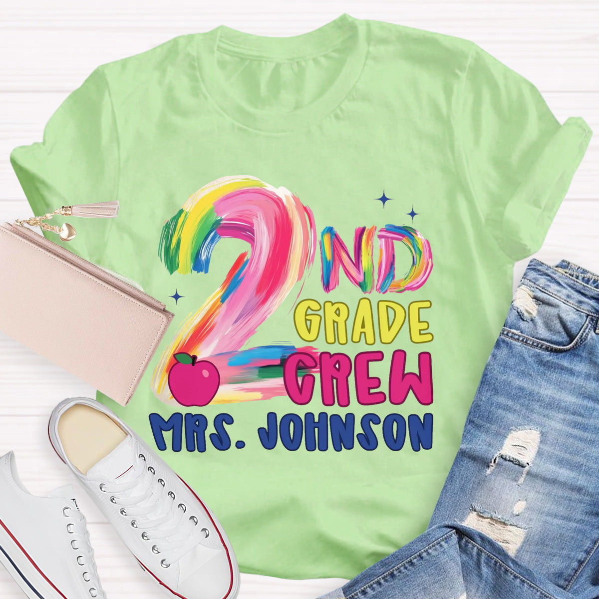 Personalized Grade And Name Pink Apple Teacher T-Shirt