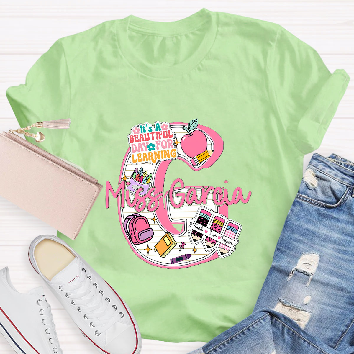 Personalized Name It's A Beautiful Day For Learning Teacher T-Shirt