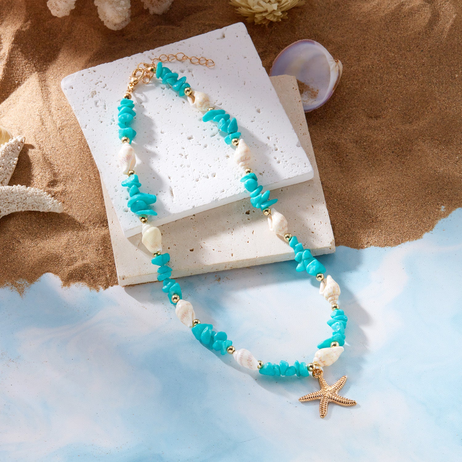 Bohemian-Style Starfish Jewelry Summer Beach-Themed Crushed Stone Starfish And Conch Necklace