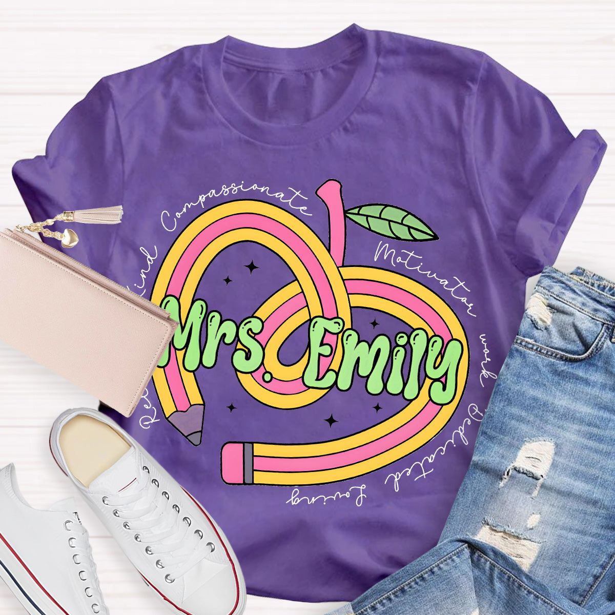 Personalize Name Reliable Kind Compassionate Pink Apple Teacher T-Shirt