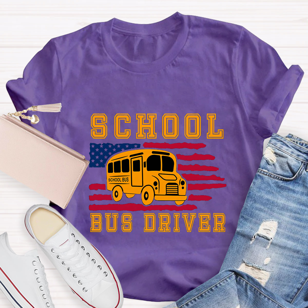 School Bus Driver US Flag T-Shirt