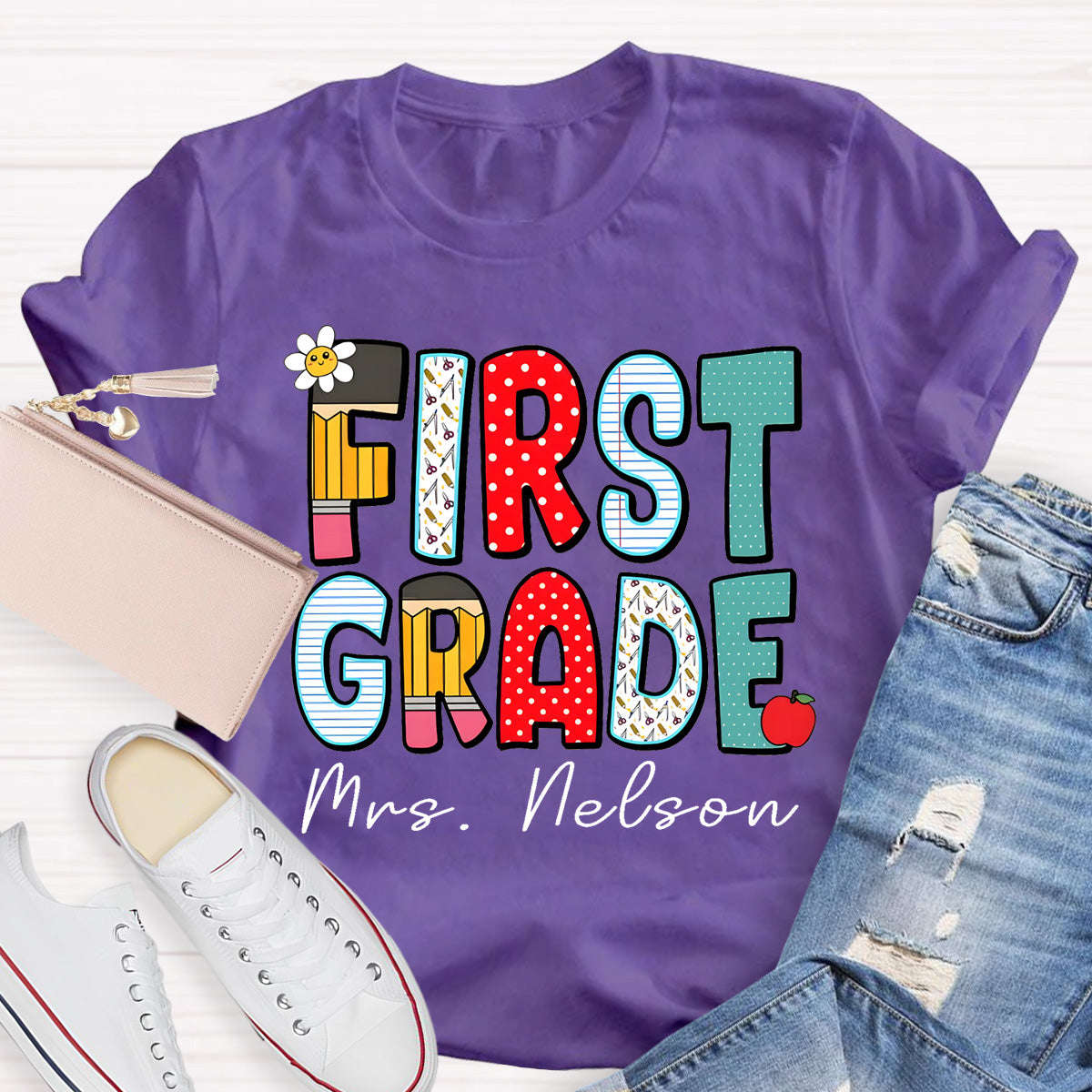 Personalized Grade And Name Back To School Dot Printed Teacher T-Shirt
