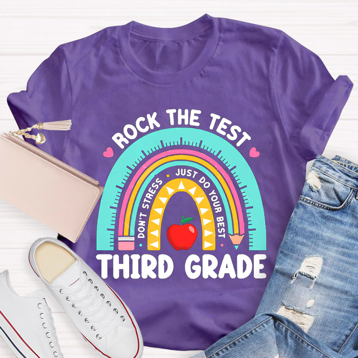 Personalize Grade Rock The Test Apple Teacher T-Shirt