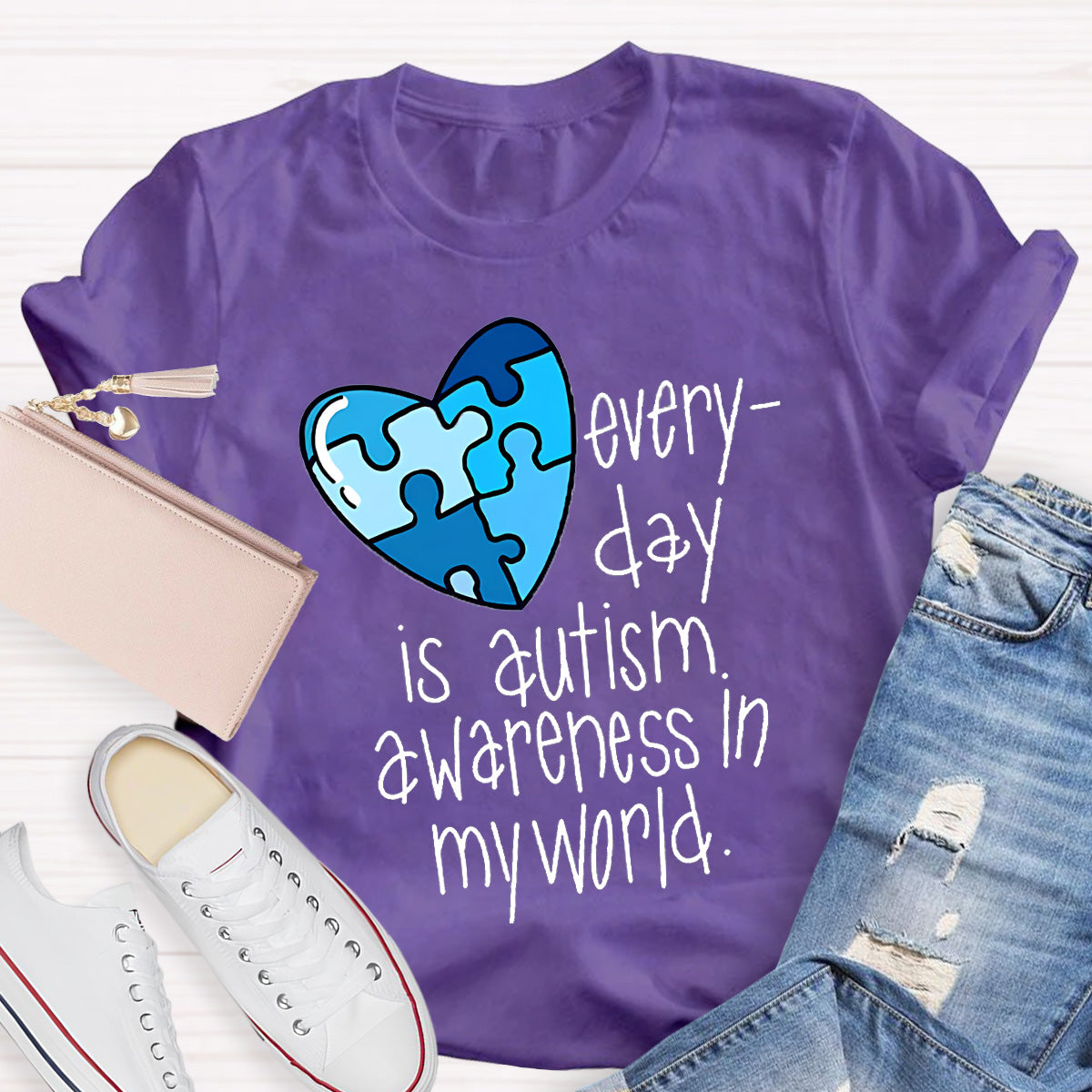 Blue Heart Awareness In My World Teacher T-Shirt