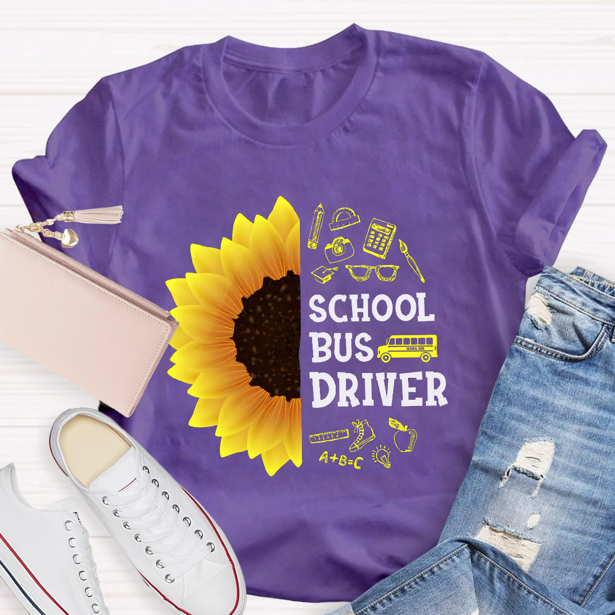 School Bus Driver Sunflower Teacher T-Shirt