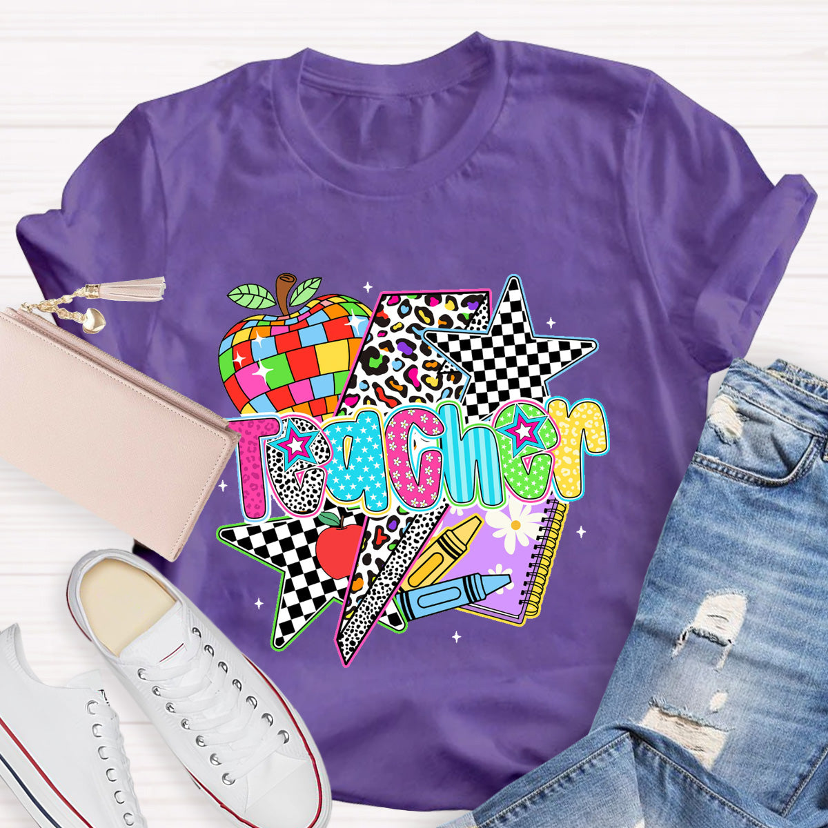 Colorful Leopard Apple Teacher  Back To School T-Shirt