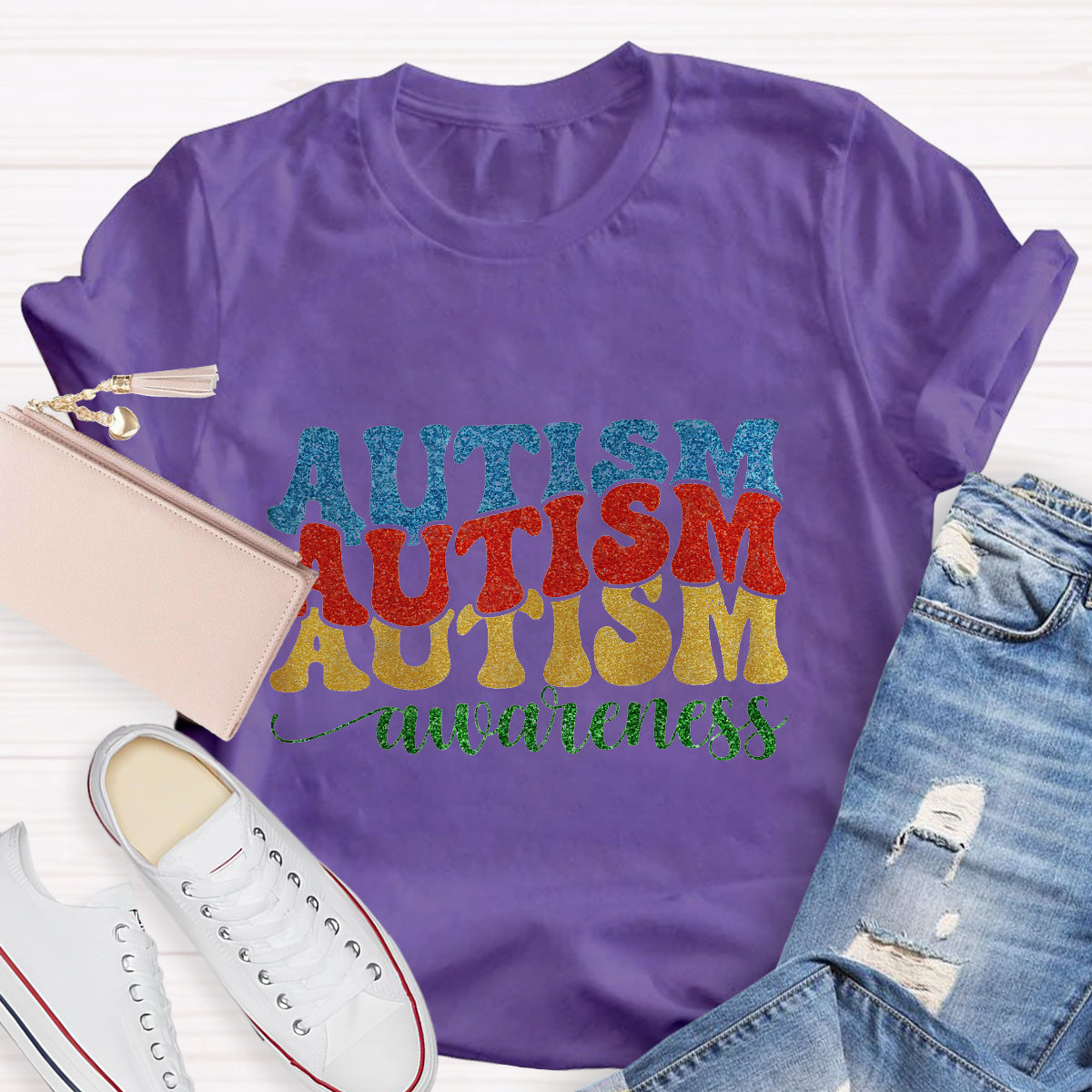 Rainbow Colors Glitter Autism Awareness T-Shirt