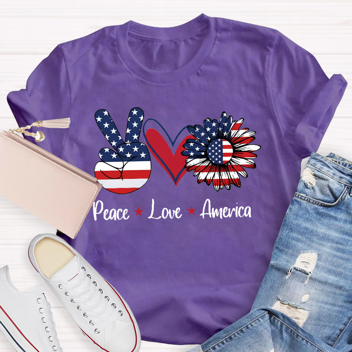 Peace Love America Star Teacher T-Shirt
