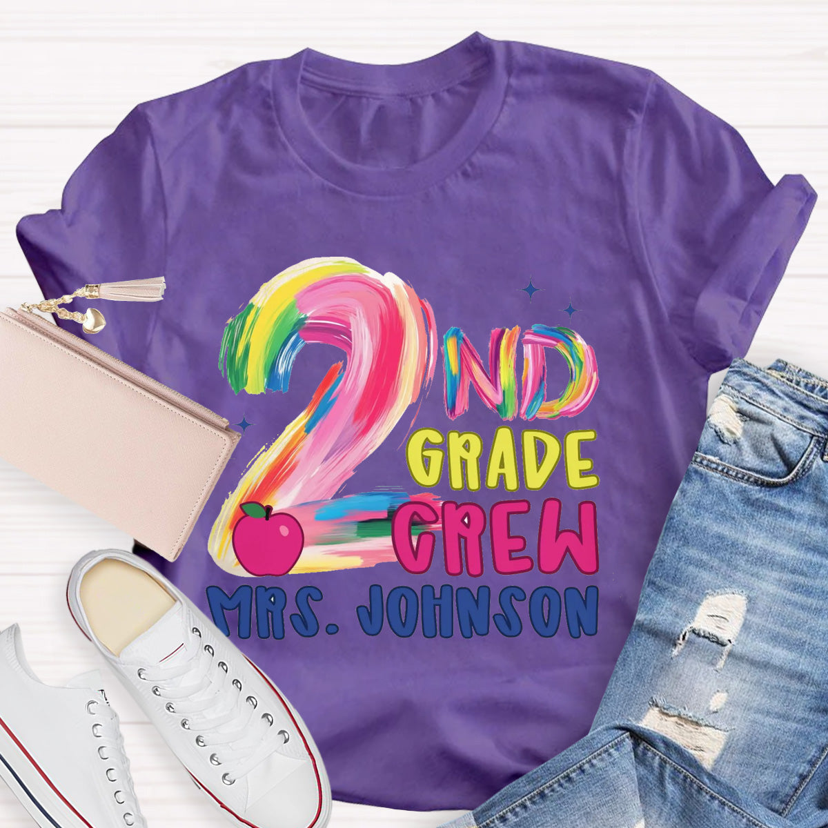 Personalized Grade And Name Pink Apple Teacher T-Shirt