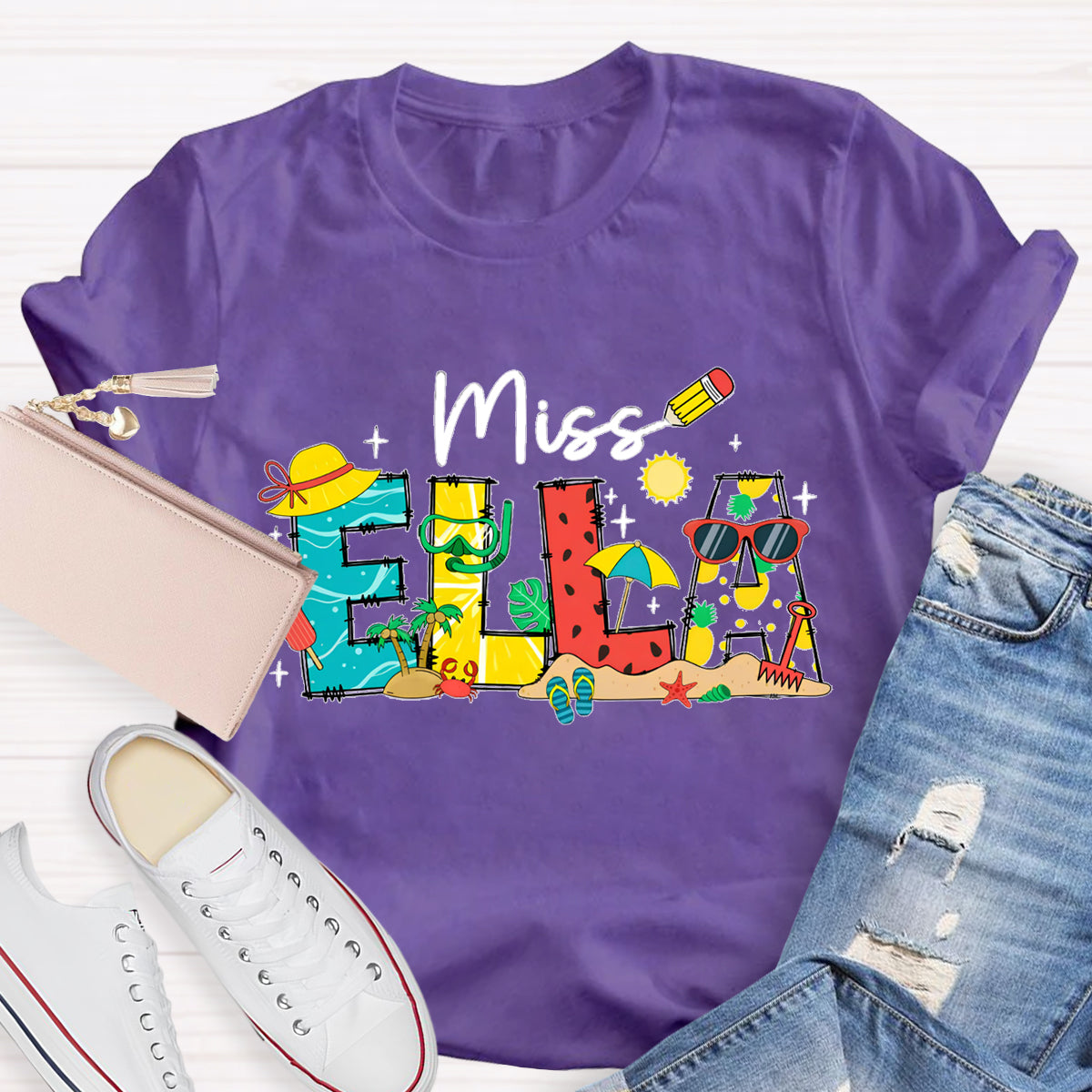Personalized Name Summer Break Beach Teacher T-Shirt