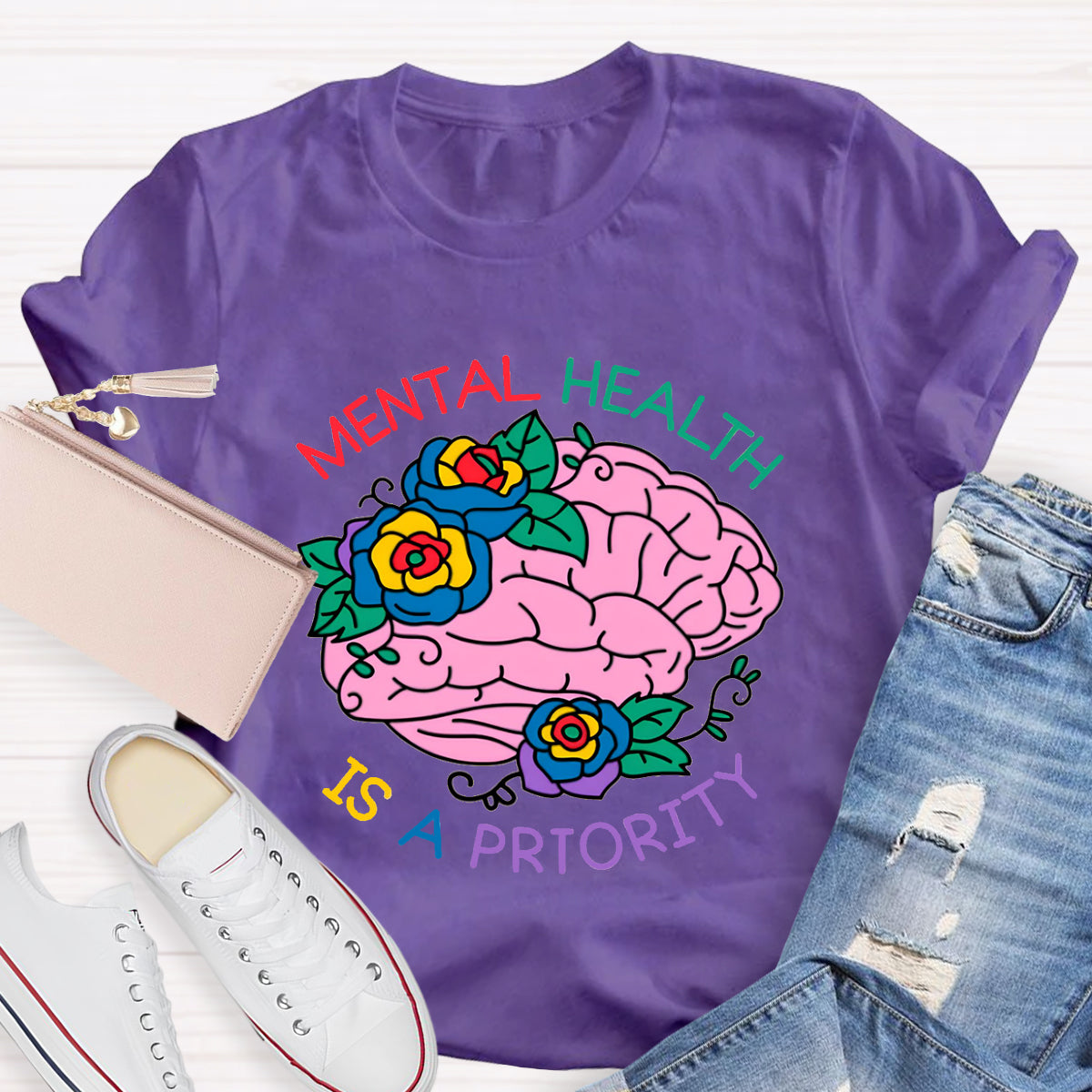 Mental Heath Is A Priority Floral Brain T-Shirt