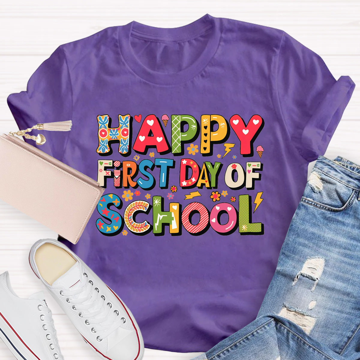 Happy First Day Of School Heart Printed Teacher T-Shirt