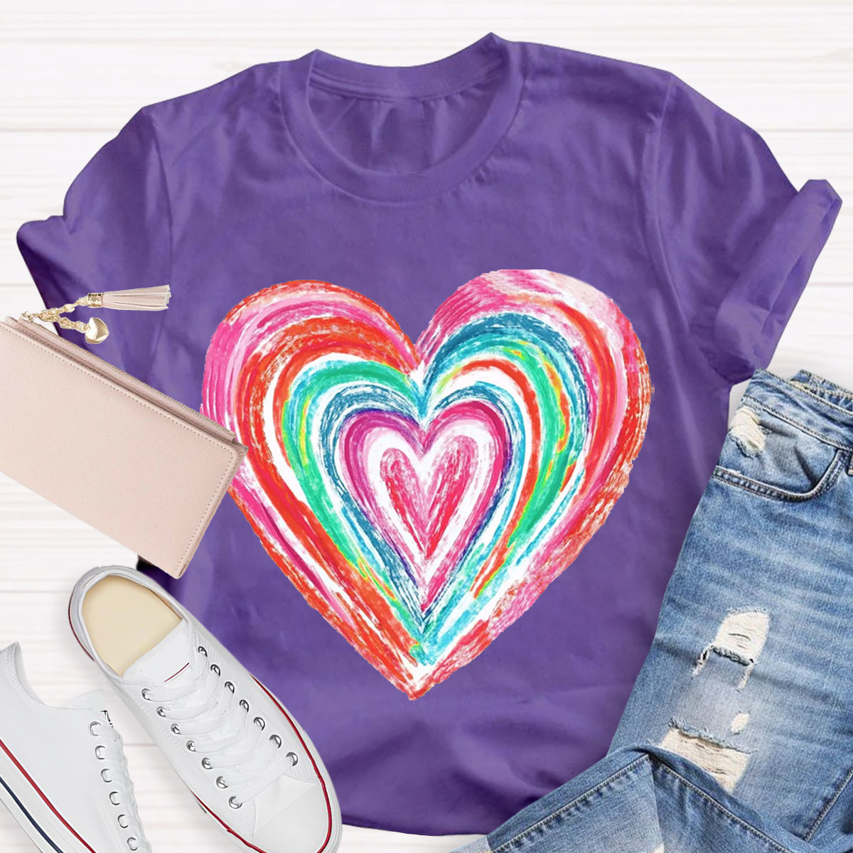 Valentines Colorful Rainbow Heart Teacher T-Shirt