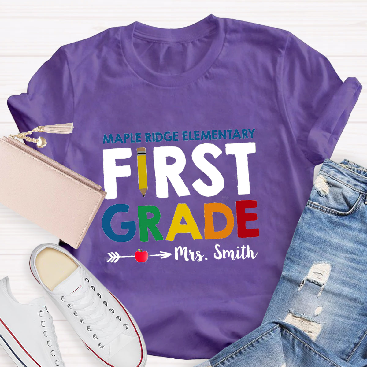 Personalized School Name Grade And Teacher Name Pencil Apple Heart T-Shirt