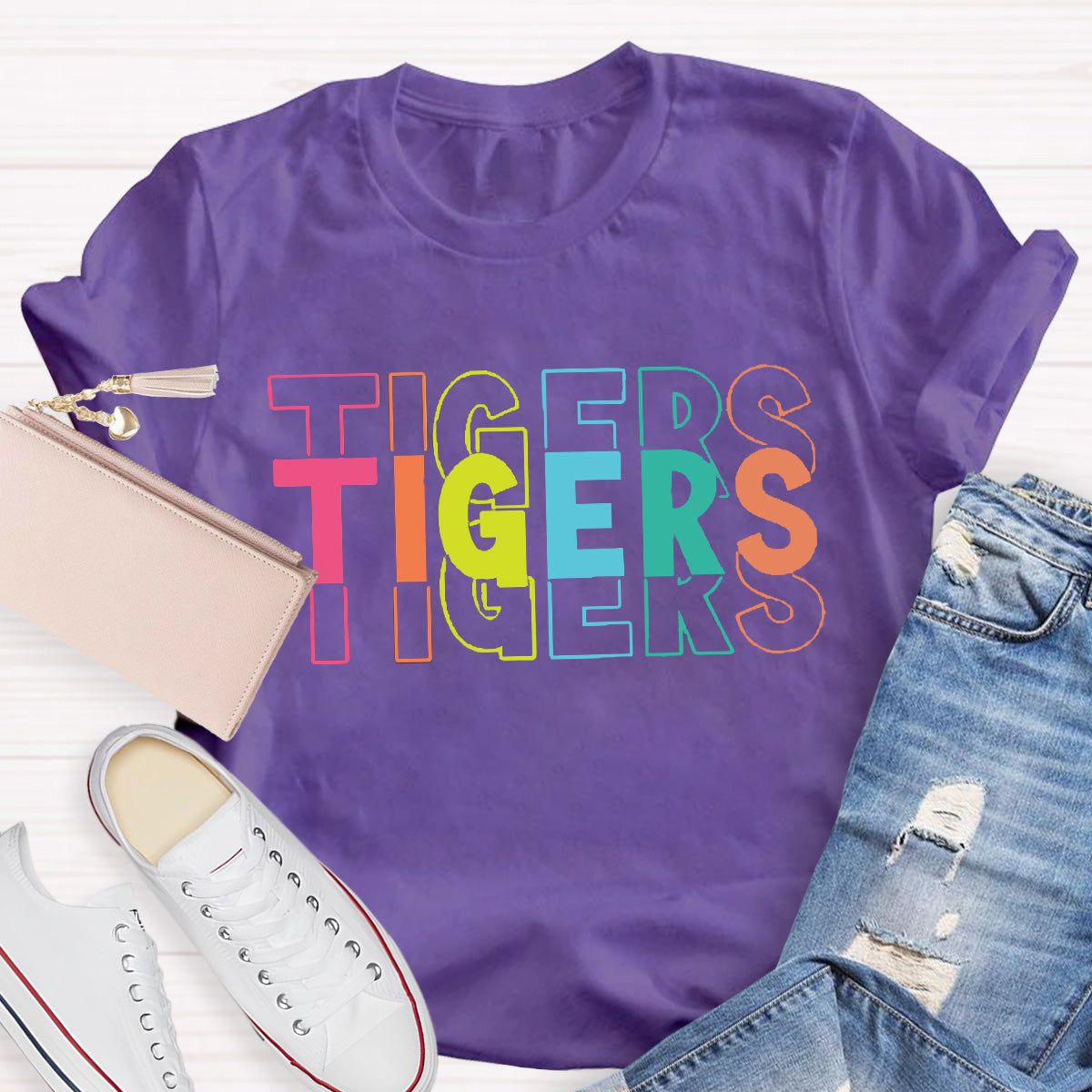 Personalized  Mascot Tigers Colorful Letters Teacher T-Shirt