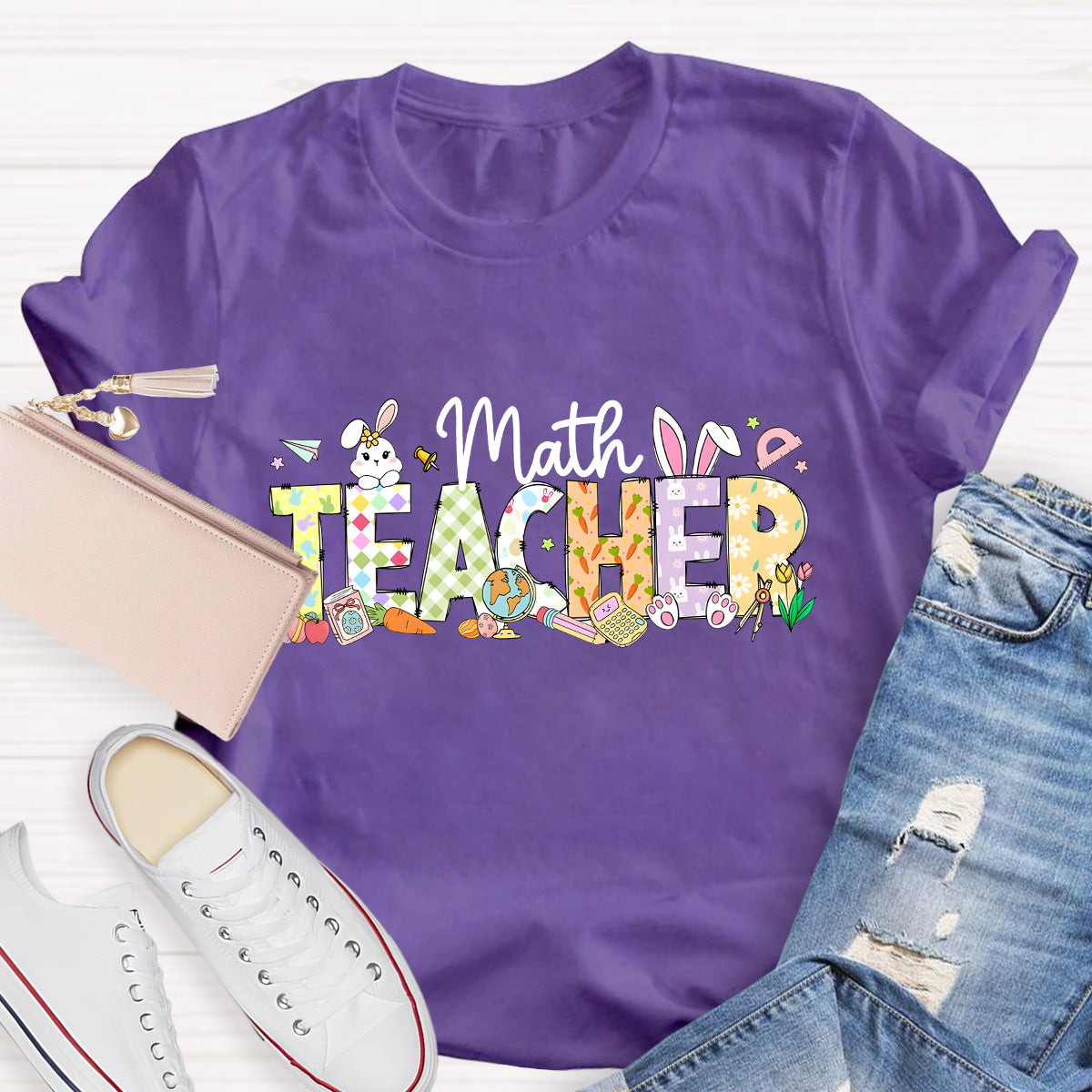 Happy Easter Math Teacher Pink Rabbits Teacher T-Shirt