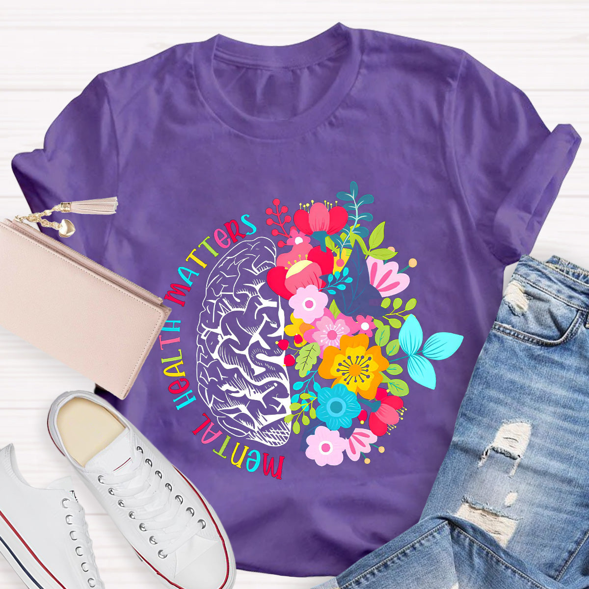 Mental Health Matters Floral Brain Teacher T-Shirt