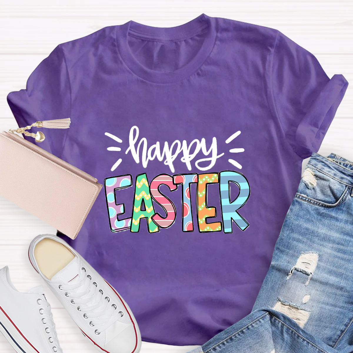 Happy Easter Colorful Printed Teacher T-Shirt