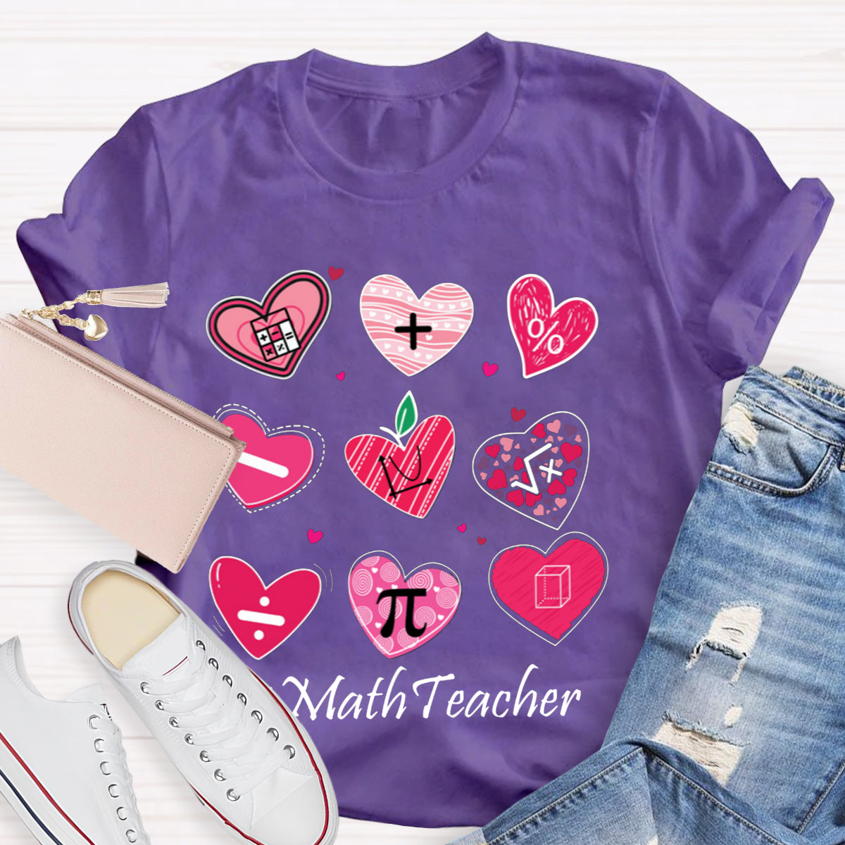 Pink Heart Math Symbols Teacher T-Shirt