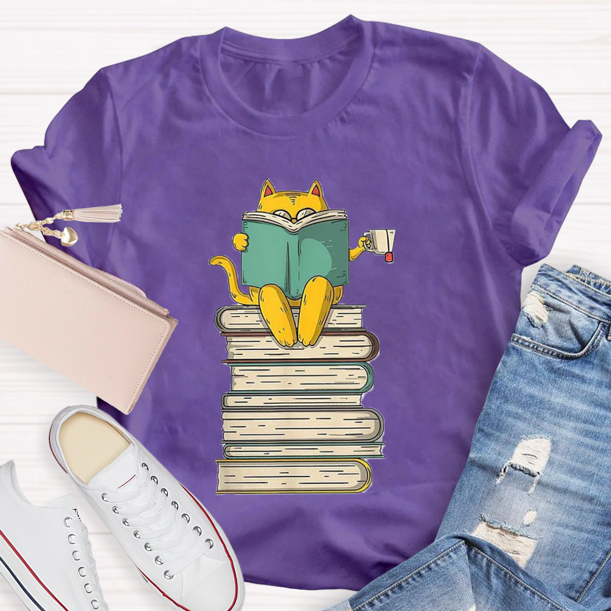 Reading Cat Funny Book & Tea Lover T-Shirt