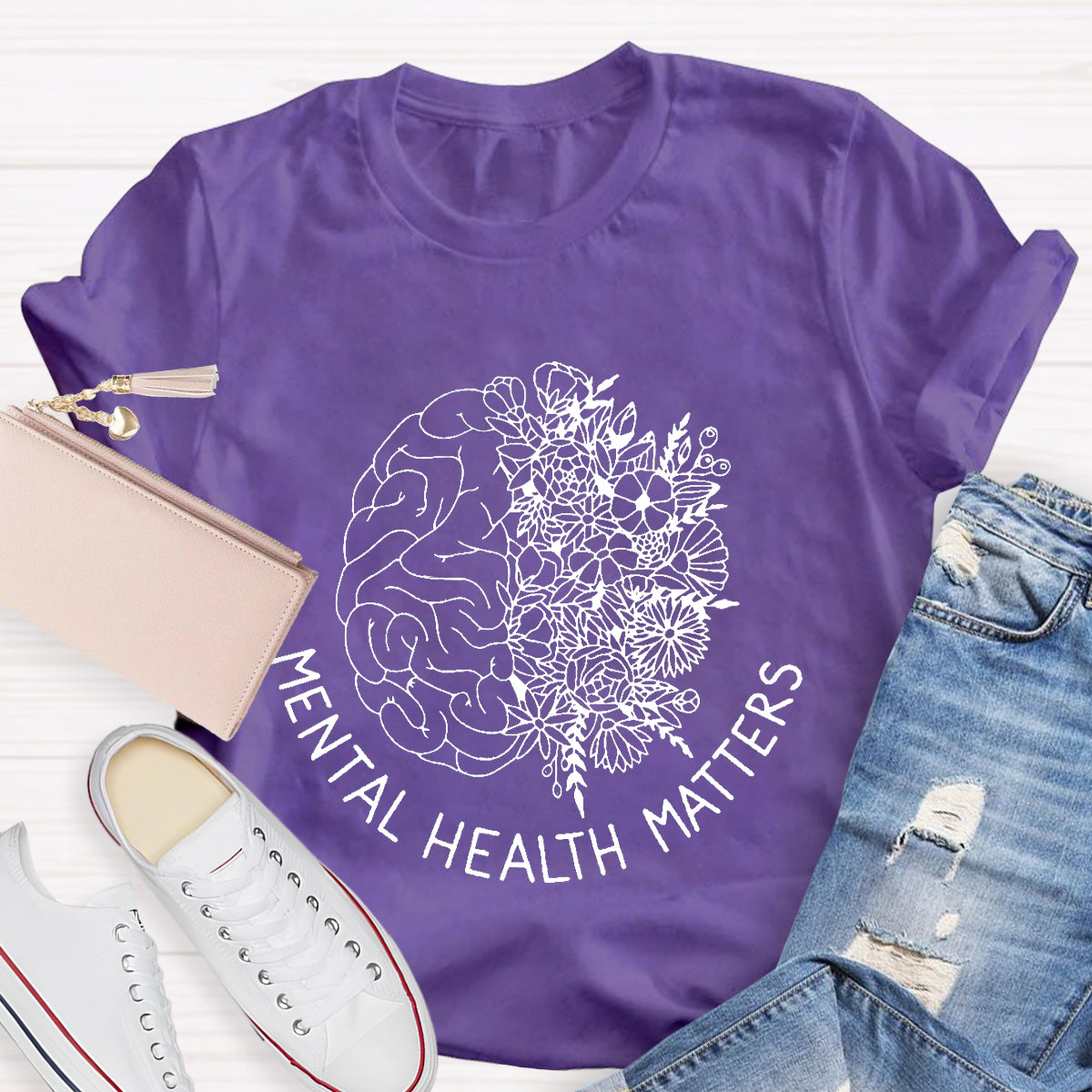 Floral Brain Mental Health Matters Teacher T-Shirt