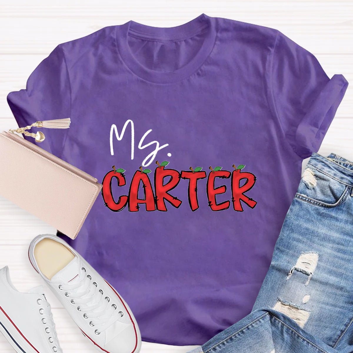 Personalized Teacher's Name Red Apple Letter  T-Shirt