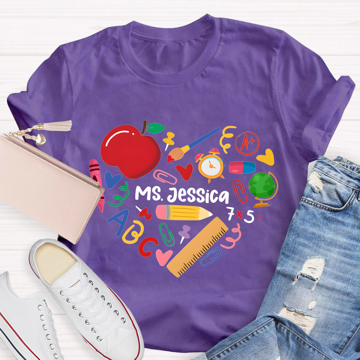Personalized Name Apple And Heart Teacher T-Shirt