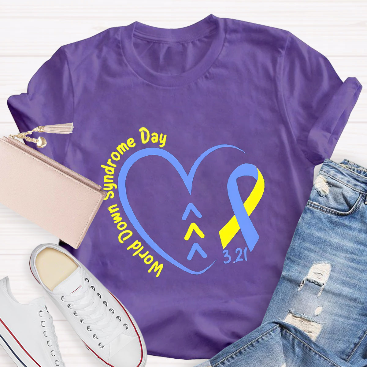 Down Syndrome Day Blue Heart Teacher T-Shirt