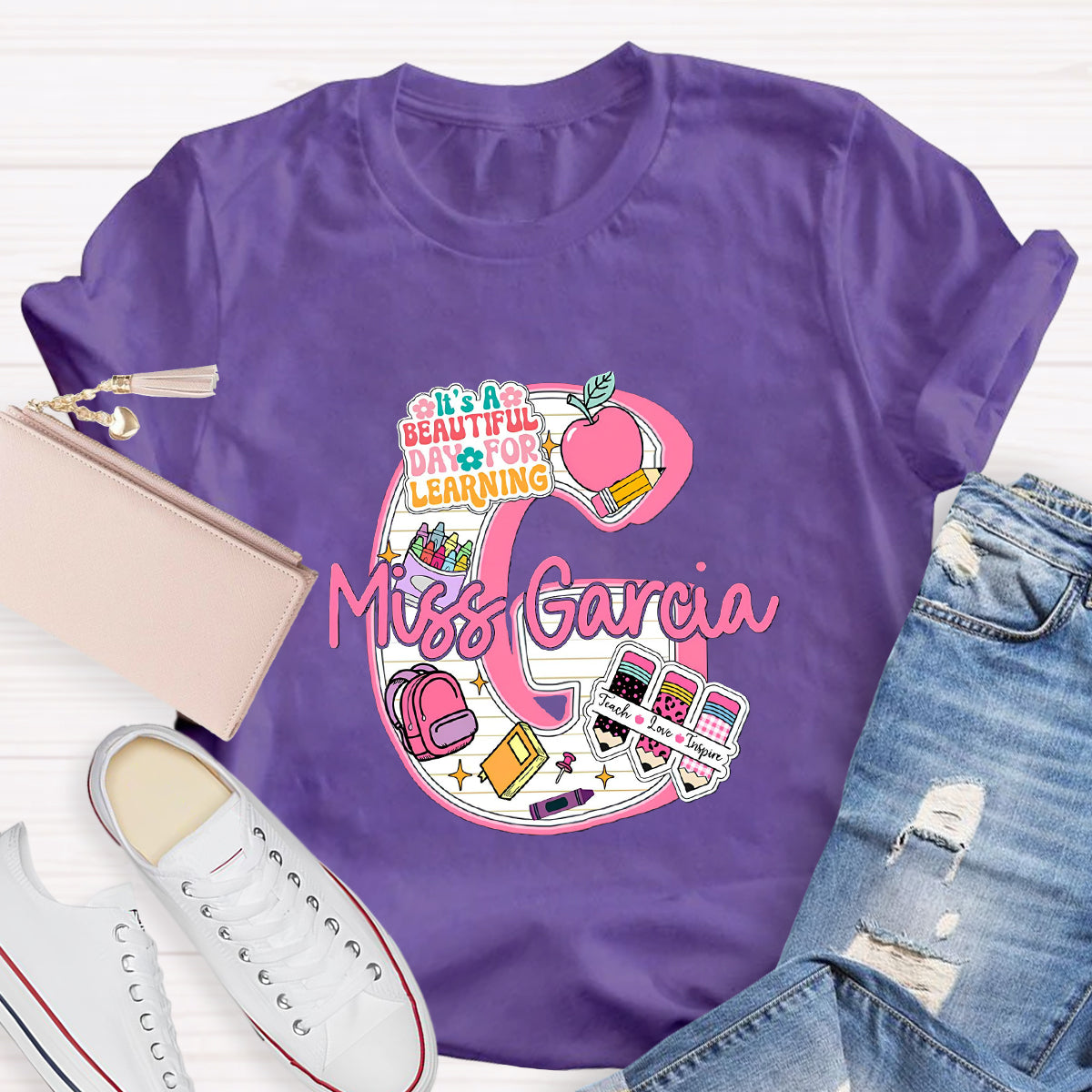 Personalized Name It's A Beautiful Day For Learning Teacher T-Shirt