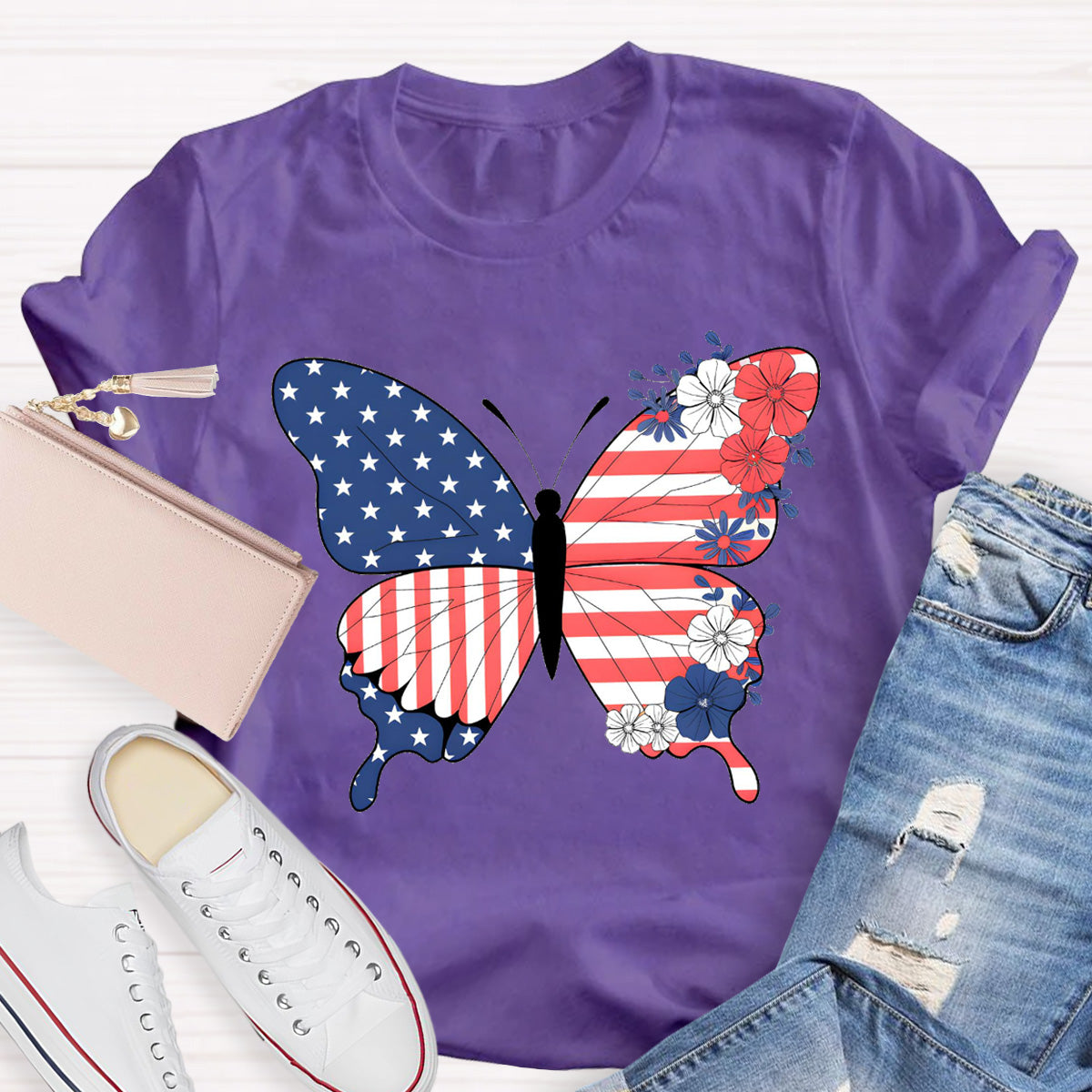 American Flag Butterfly Teacher T-Shirt
