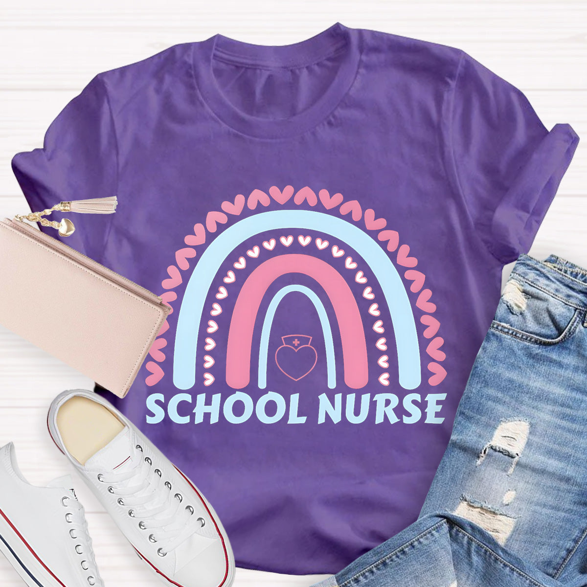 School Nurse Rainbow Pink Heart T-Shirt