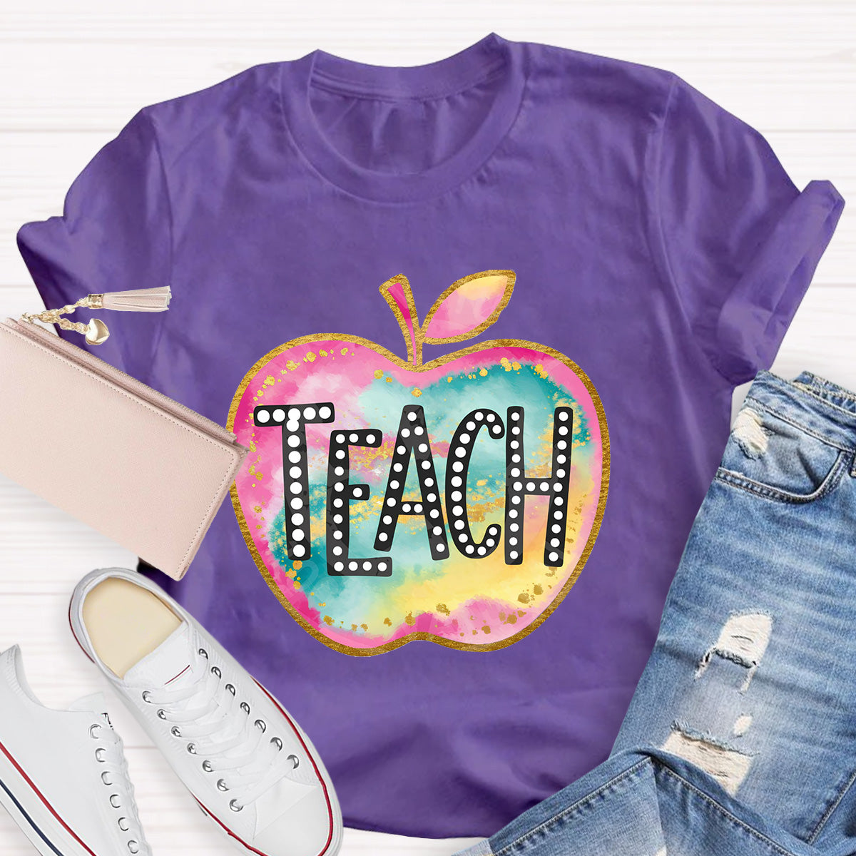 Love Teach Pink Apple Teacher T-Shirt