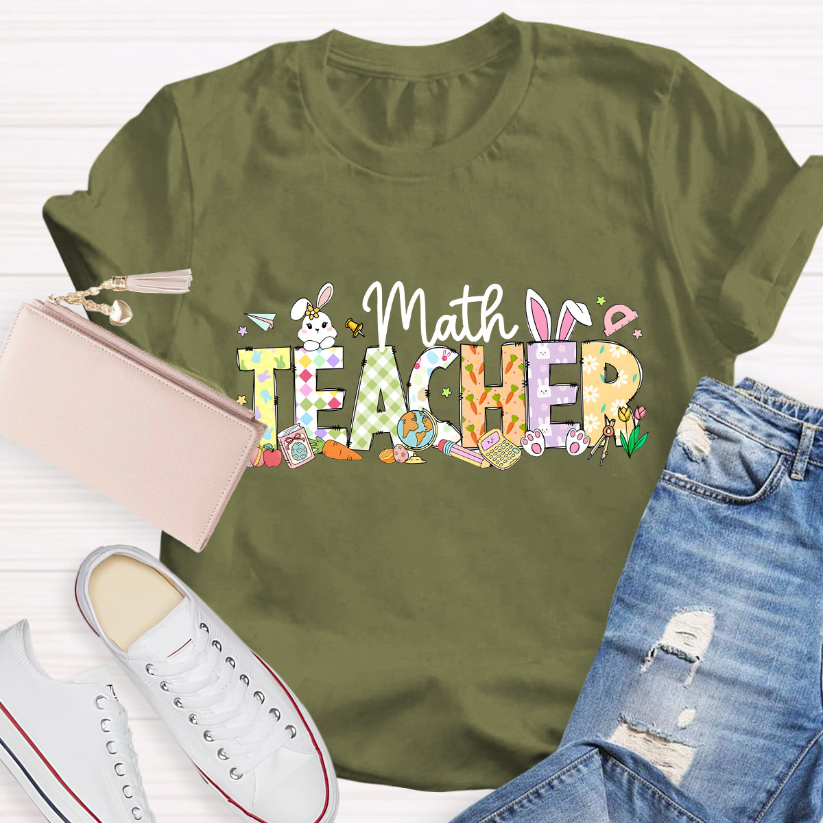 Happy Easter Math Teacher Pink Rabbits Teacher T-Shirt
