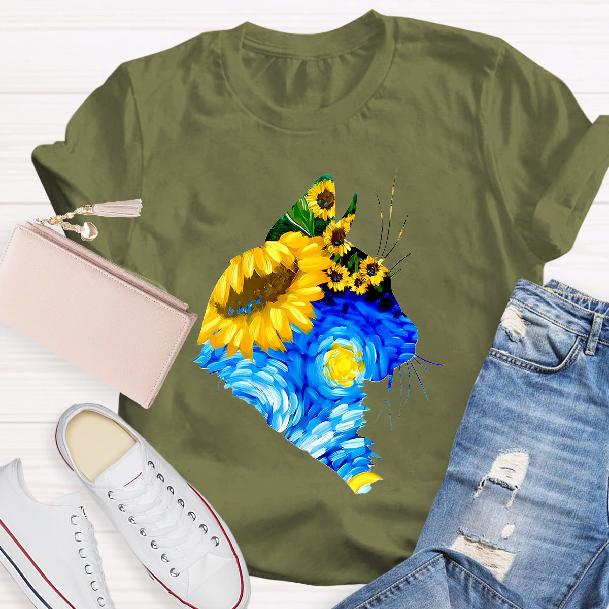 Art Sunflower Cat Teacher T-Shirt