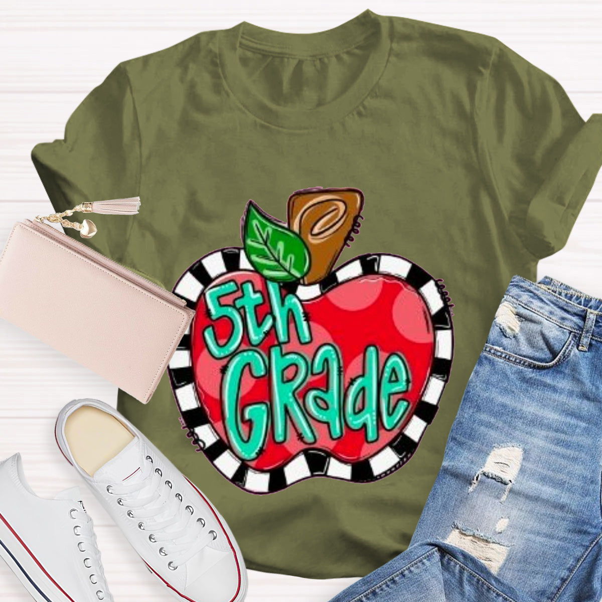 Personalized Grade Teacher Color Block  Apple Printed T-Shirt