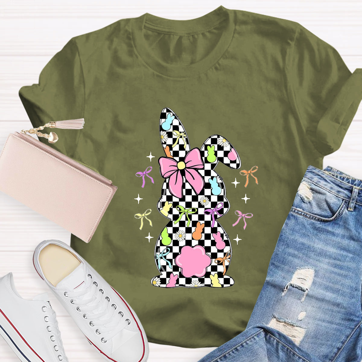 Easter Checkerboard Rabbit Teacher T-Shirt