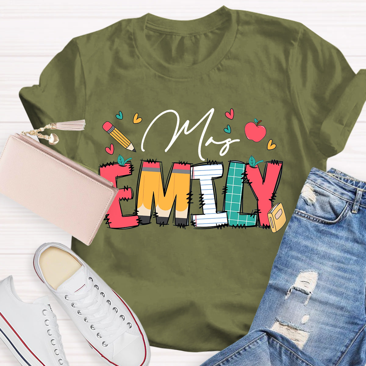 Personalize Name Apple Teacher T-Shirt