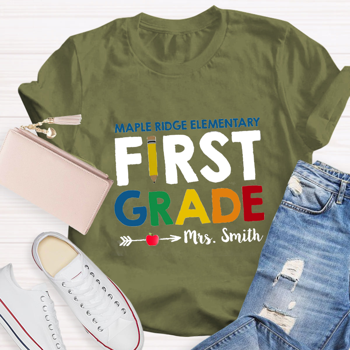 Personalized School Name Grade And Teacher Name Pencil Apple Heart T-Shirt