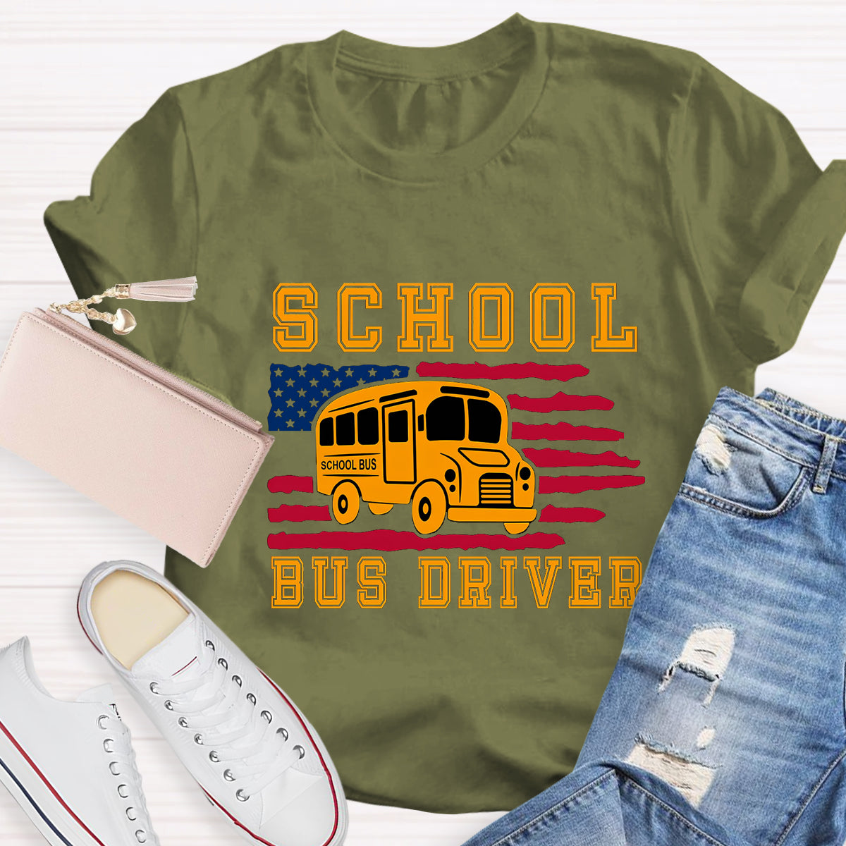 School Bus Driver US Flag T-Shirt