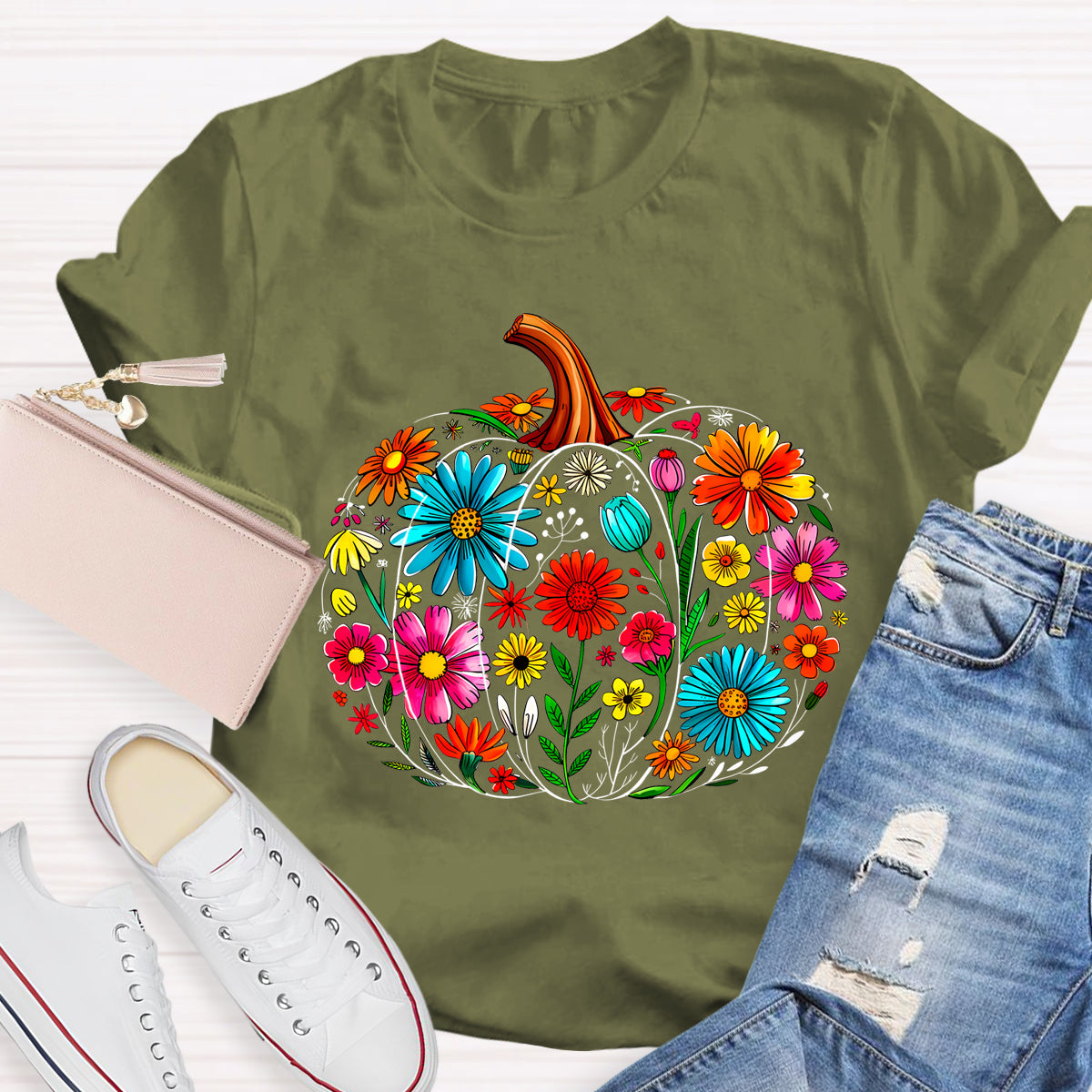 Maestra Pumpkin-Shaped Flowers Bilingual Teacher T-shirt