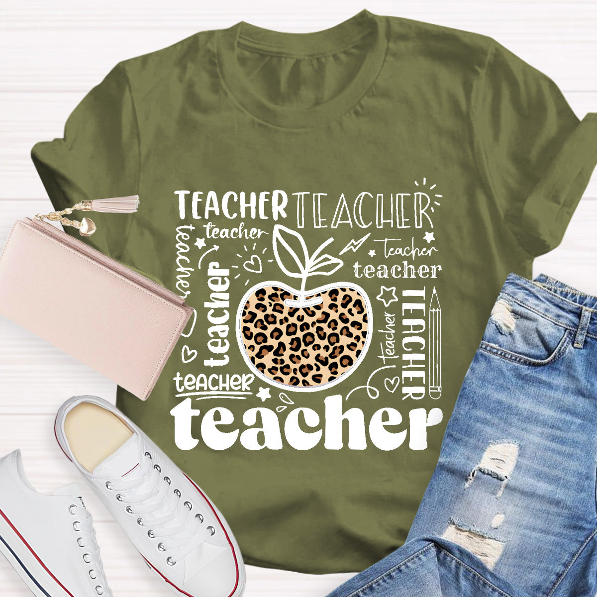 Teacher Various Fonts Various Fonts Leopard Apple T-Shirt