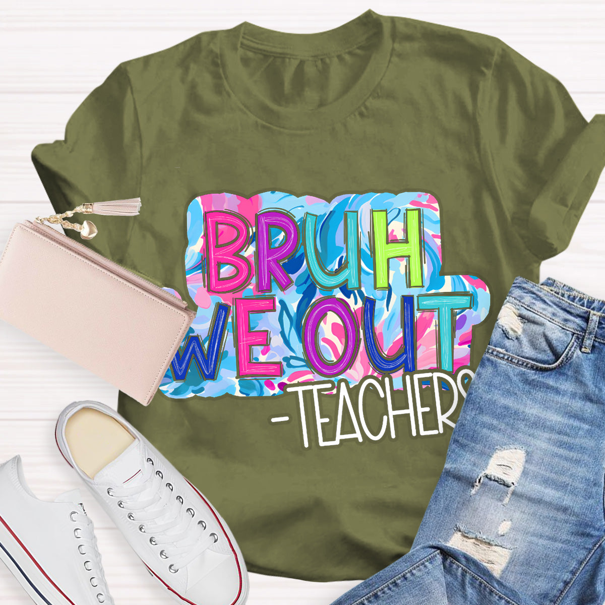 Bruh We Out  Pink Letters Teacher T-Shirt