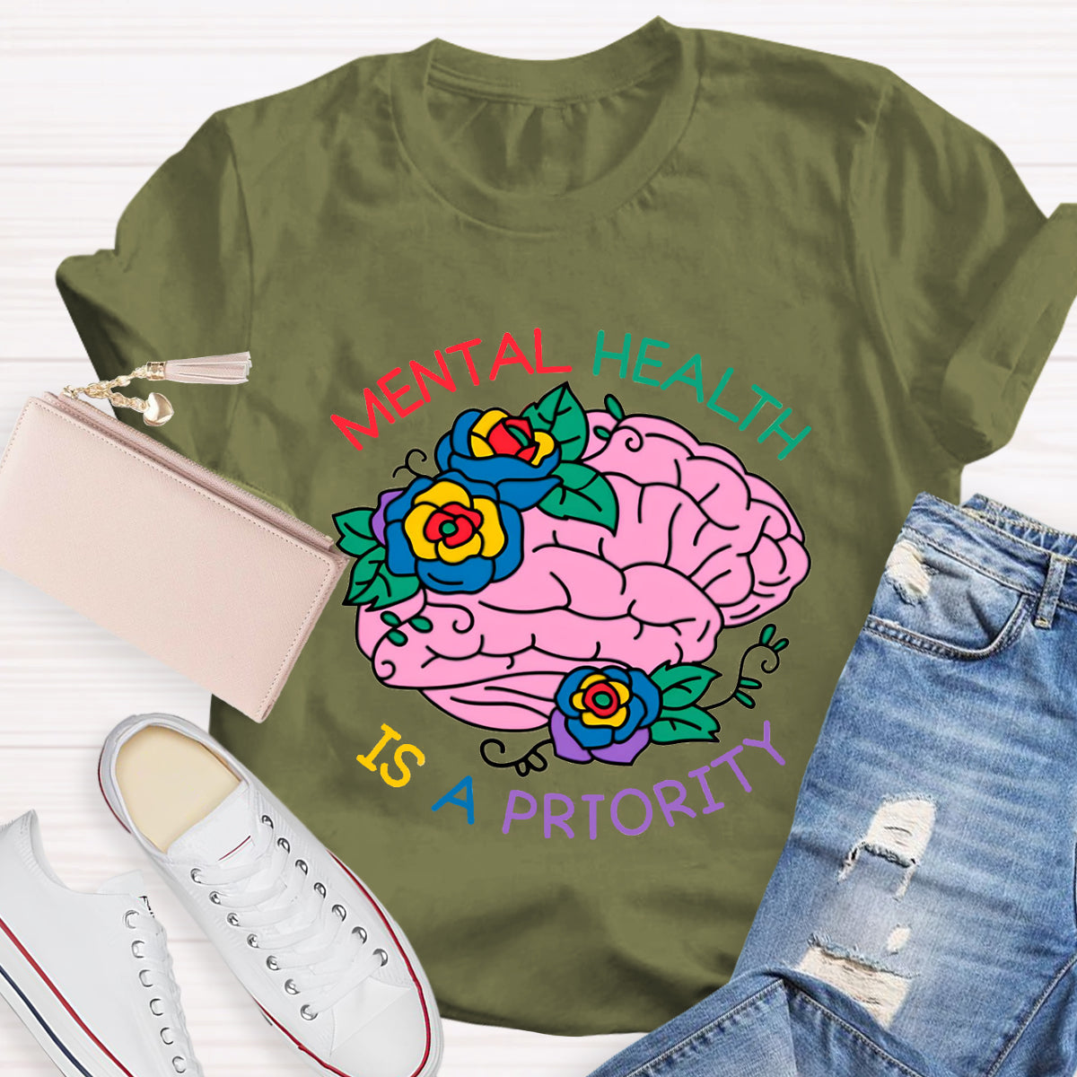 Mental Heath Is A Priority Floral Brain T-Shirt