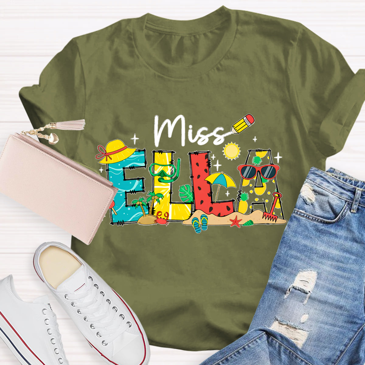 Personalized Name Summer Break Beach Teacher T-Shirt