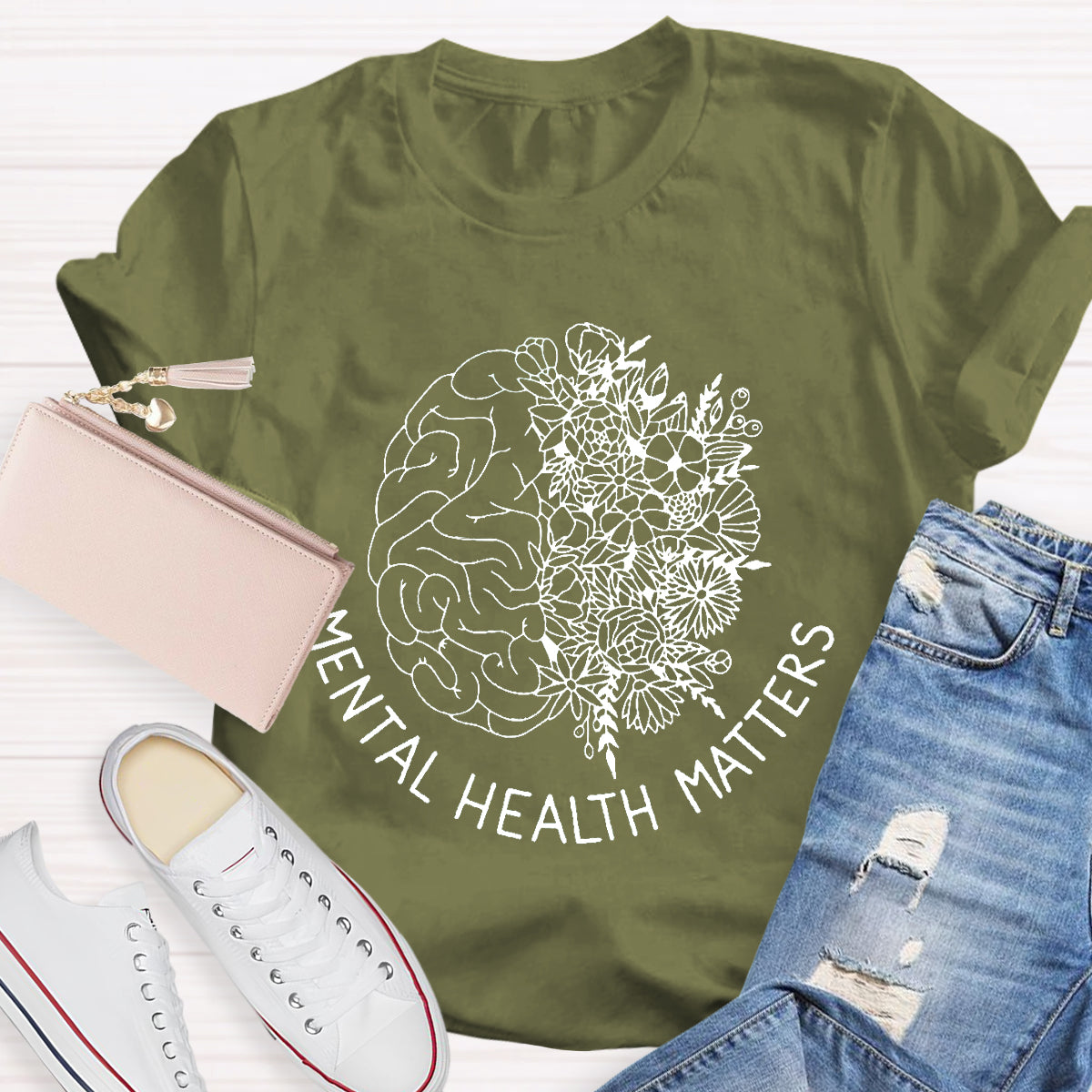 Floral Brain Mental Health Matters Teacher T-Shirt