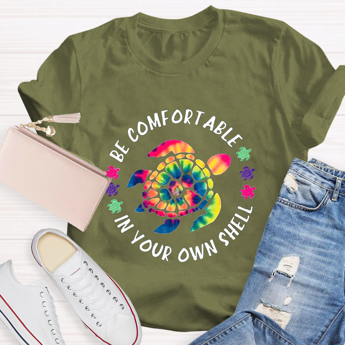 Be Comfortable In Your Own Shell Turtle Hippie Quote T-Shirt