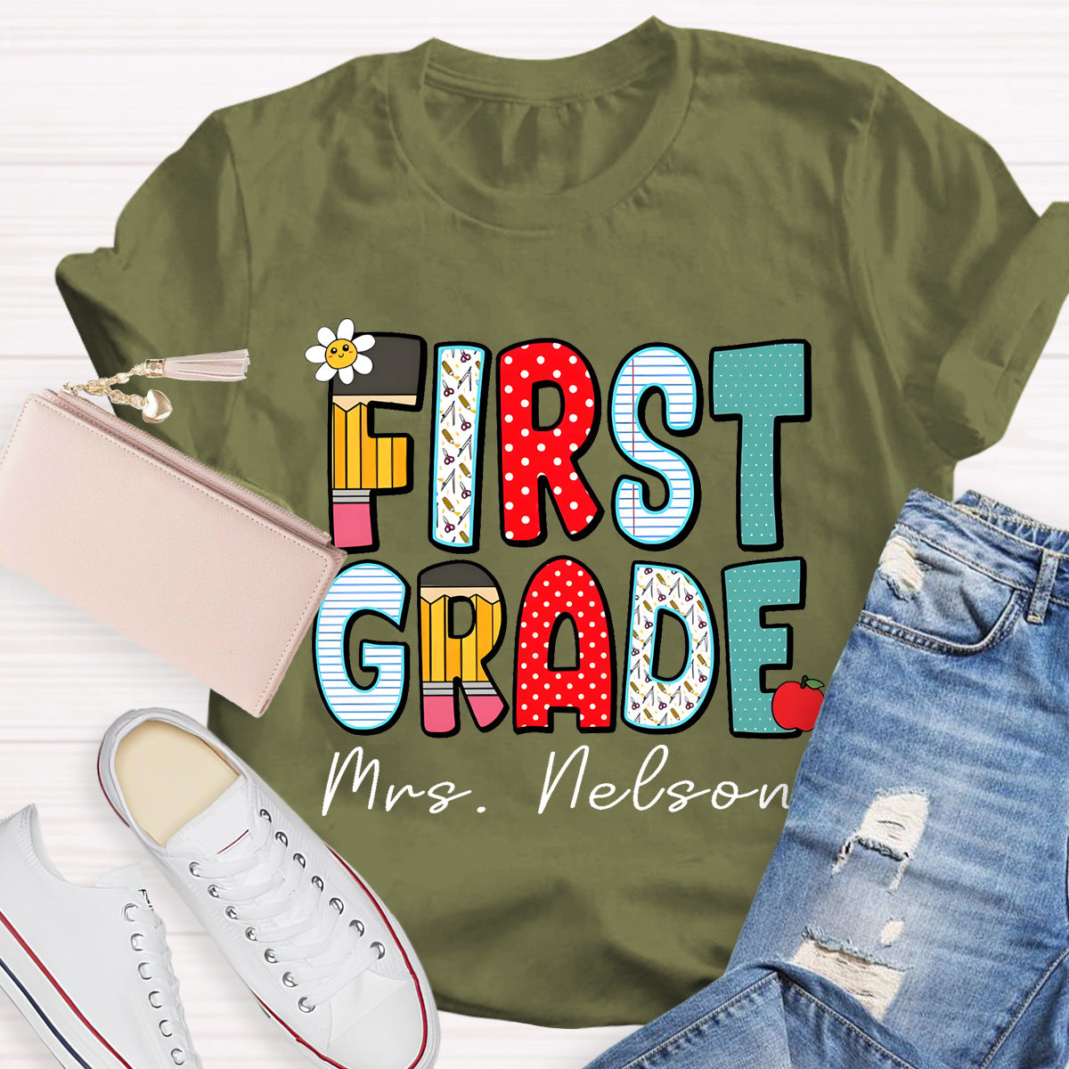 Personalized Grade And Name Back To School Dot Printed Teacher T-Shirt